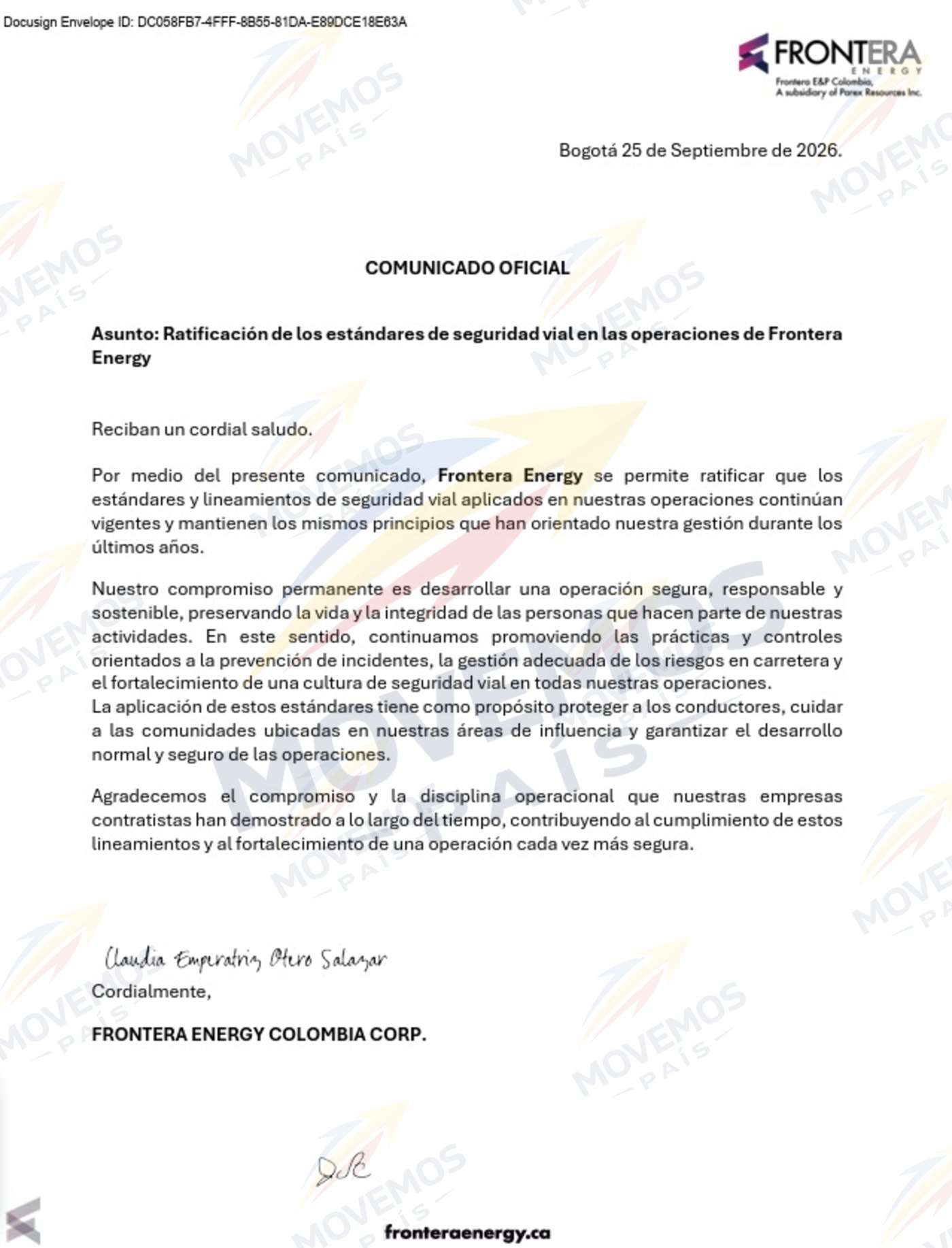 Comunicado oficial de Frontera Energy Colombia Corp. del 25 de septiembre de 2026: ratificación de los estándares de seguridad vial