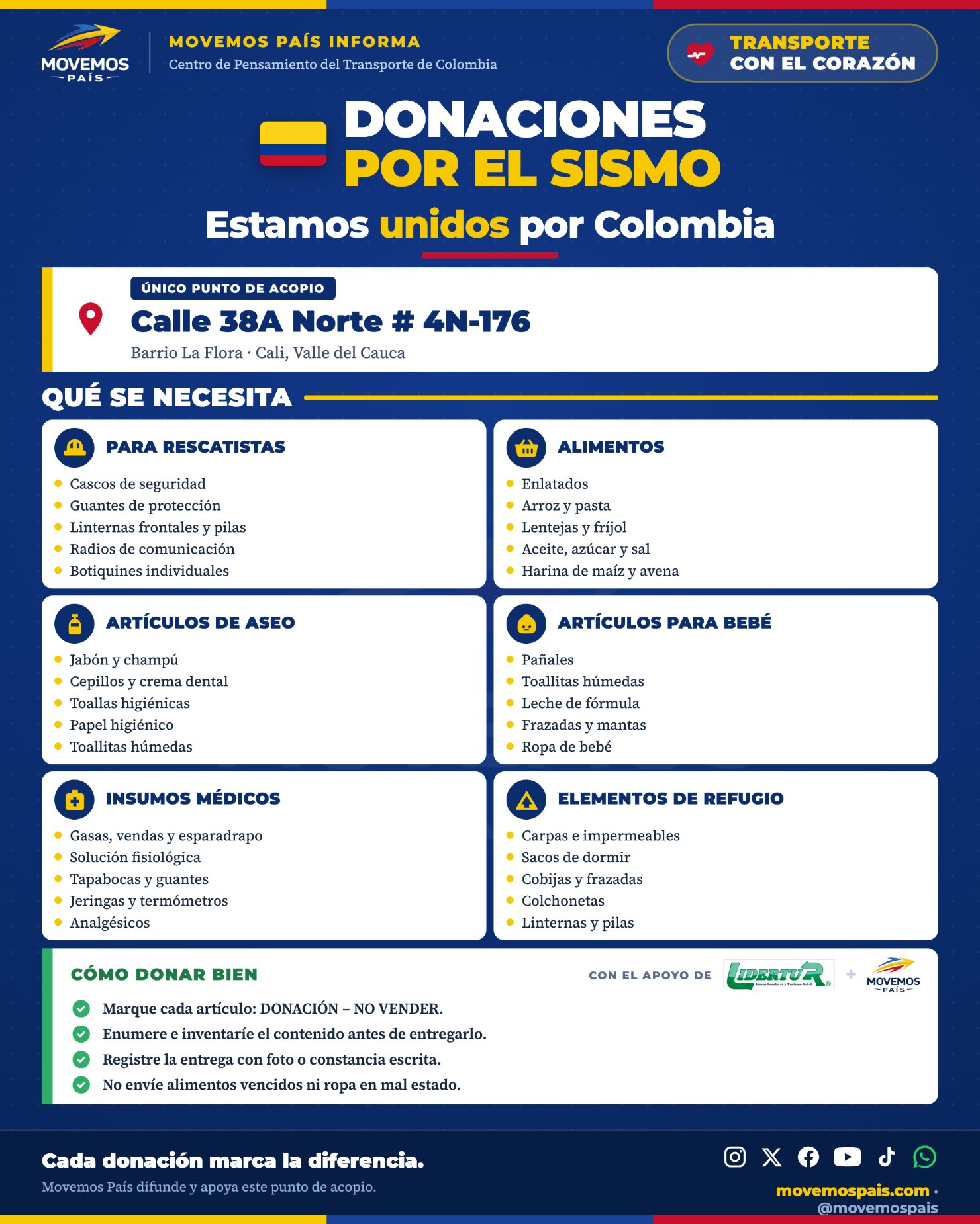 Infografía de Movemos País: punto de acopio en la Calle 38A Norte # 4N-176, barrio La Flora, Cali, con las seis categorías de donación y las cuatro reglas para donar bien
